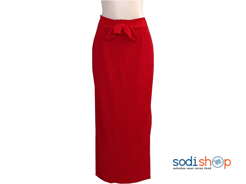 Jupe Plissé Longue à Taille Elastiqué avec Ceinture Assortie Couleur Rouge  MM0097 - SodiShop
