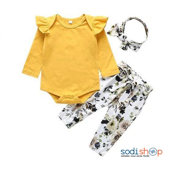 Complet Pour Bebe Barboteuse Vetement 3 Pieces Jaune Et Blanc Mg Sodishop