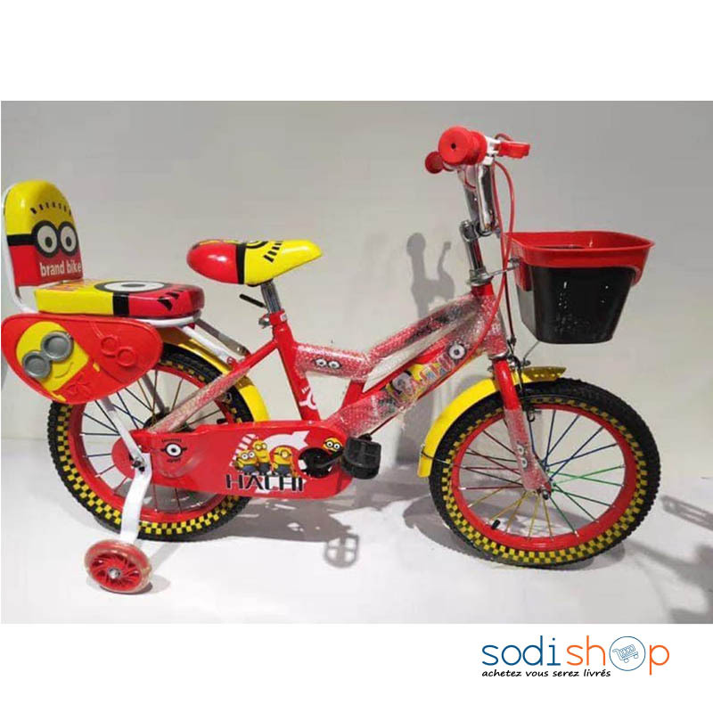 Vélo Pour Enfant 4-8 ans avec Panier et Roues de Stabilisation - Imprimé  Minions Jaune et Rouge MDD00182 - Sodishop