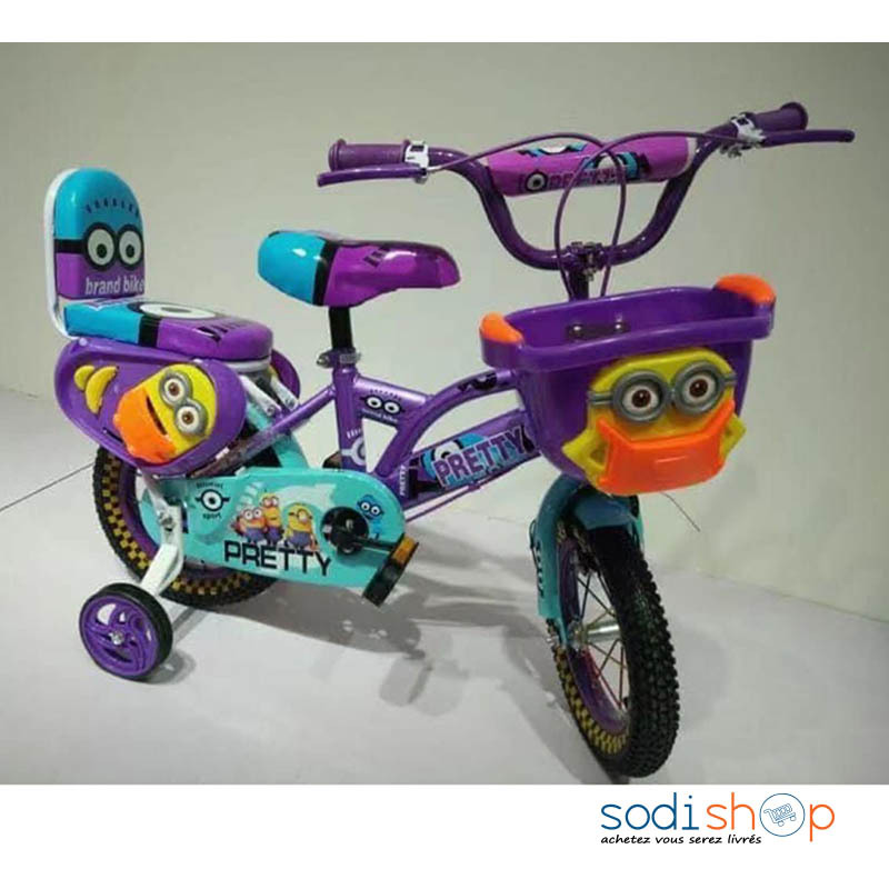 Velo Pour Enfant 2 6 Ans Avec Panier Et Roues De Stabilisation Imprime Minions Violet Et Bleu Mdd001 Sodishop