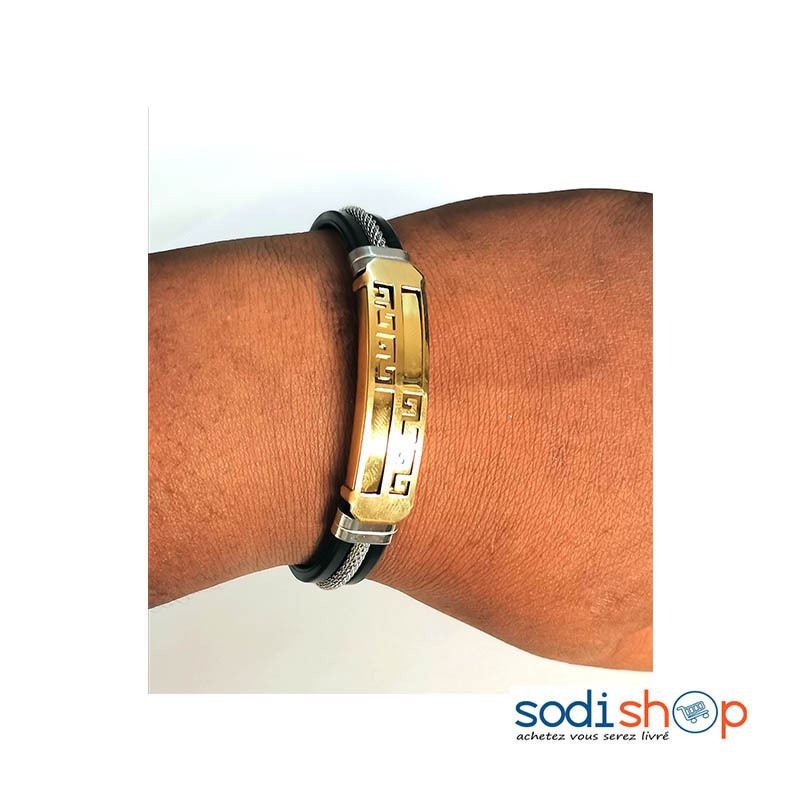 Bracelet Avec Une Très Belle Plaque à Logo Authentique - Accessoire de Mode en Cuir Noir et Argent DIA00169