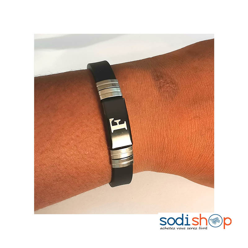 Bracelet Ultra-Moderne - Avec Une Gravure De La Lettre F Très Originale Noir et Argent DIA00169