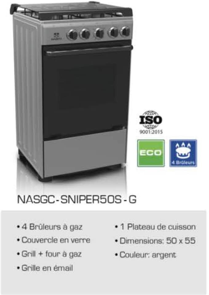 Cuisinière à Gaz 4 Feux 1 Plateau de Cuisson - Nasco NASGC-SNIPER50S Grill  + Four Multifonction BZE00199 - Sodishop