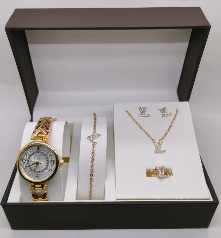 Coffret Cadeau Pour Femme Louis Vuitton Montre Bracelet Avec Collier et  Accessoires de Luxe Doré