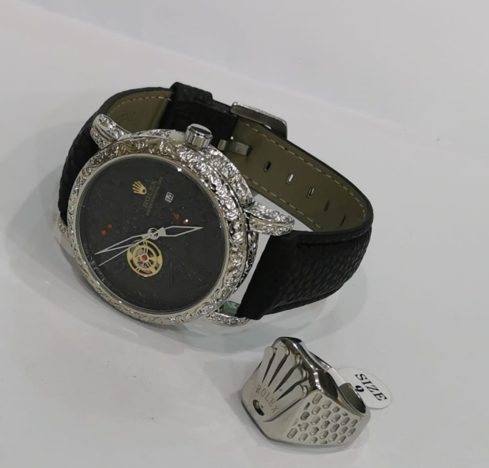 Rolex Montre - Cadran Noir En Acier Inoxydable - Bracelet En Cuir + Bague en Argent Pour homme -MOH00203