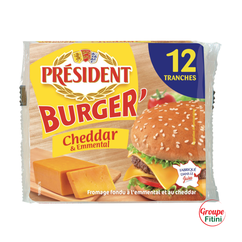Burger Cheddar et Emmental PRESIDENT Fromage le paquet de 12 tranches - 200 g - FTM00228