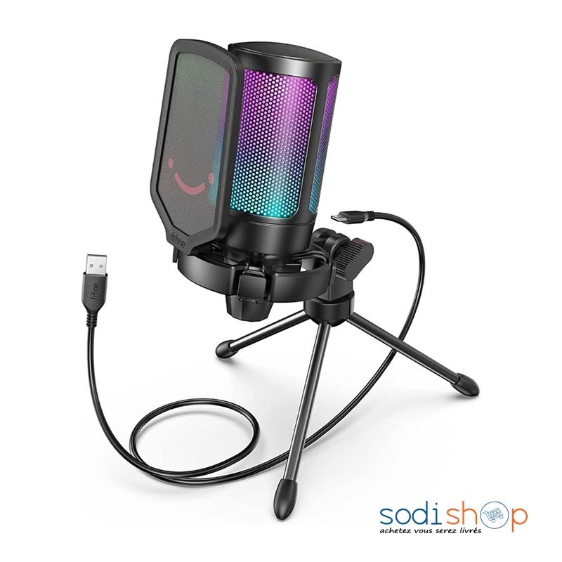 Fifine Microphone à Condensateur avec Trépied Filtre Anti-Pop Lumière RGB  Pour PC Vidéos  Console de Jeux PS5 SODIEXP01D - Sodishop